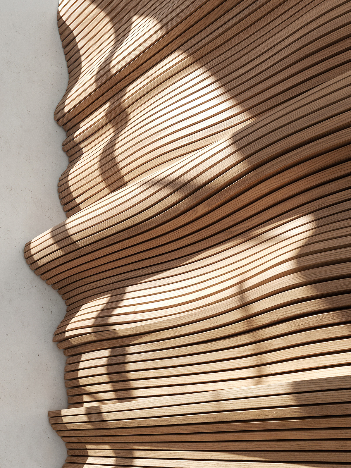 Curved wooden slats casting layered shadows