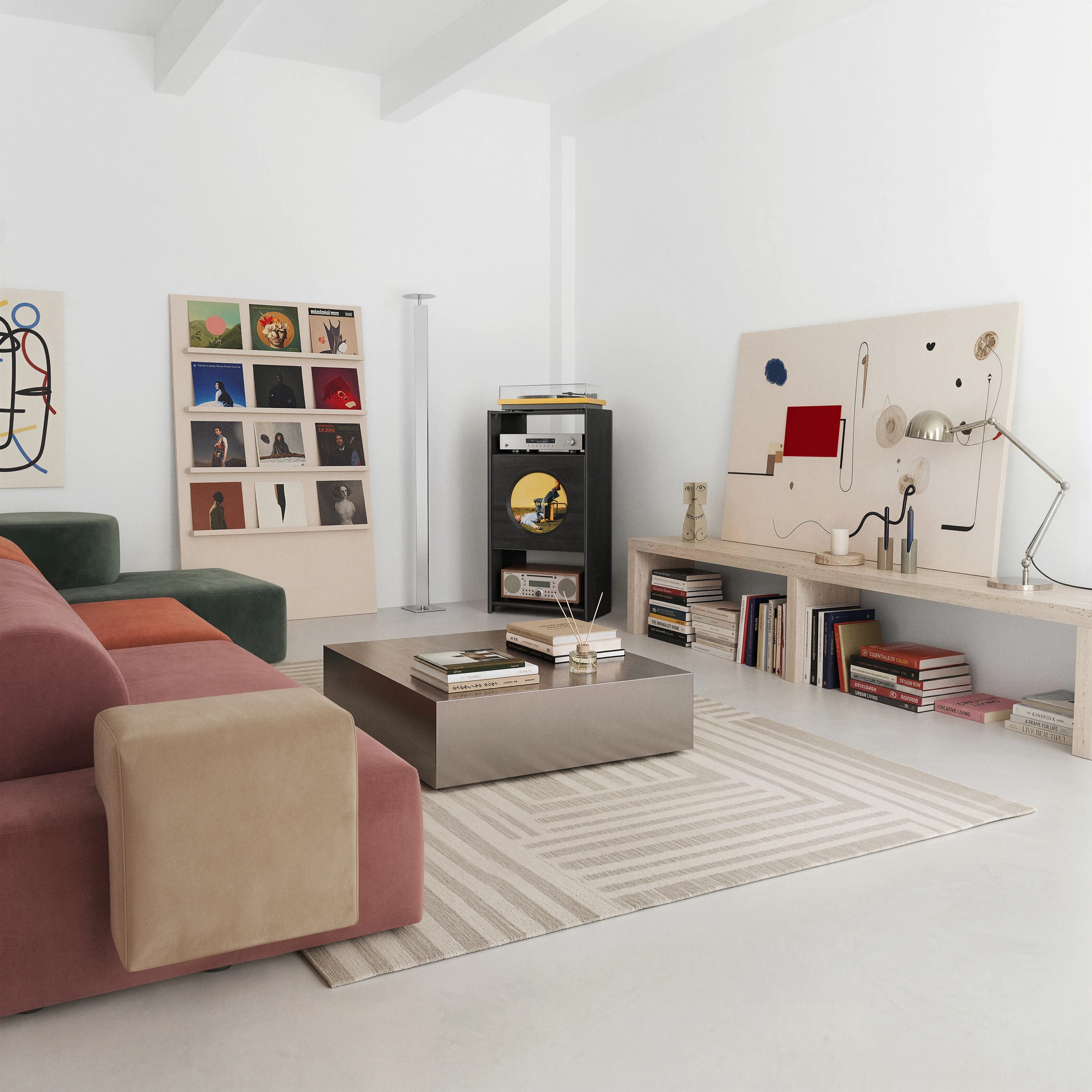 A complete listening wall with artwork, vinyl storage, and the Picasso stand